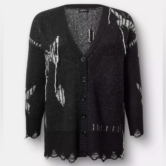 Torrid Mystic Moths 5X Black White Distressed Button Up Cardigan White Accents - Picture 15 of 15